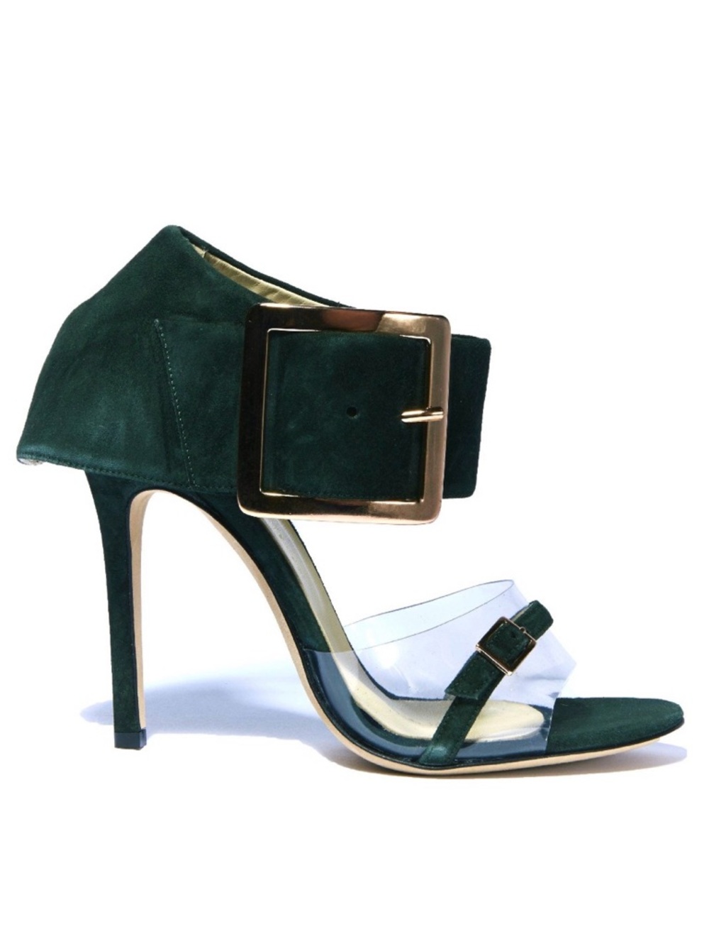 Christina Lombardi Dark Green Suede High Heel Sandal with Gold Buckle